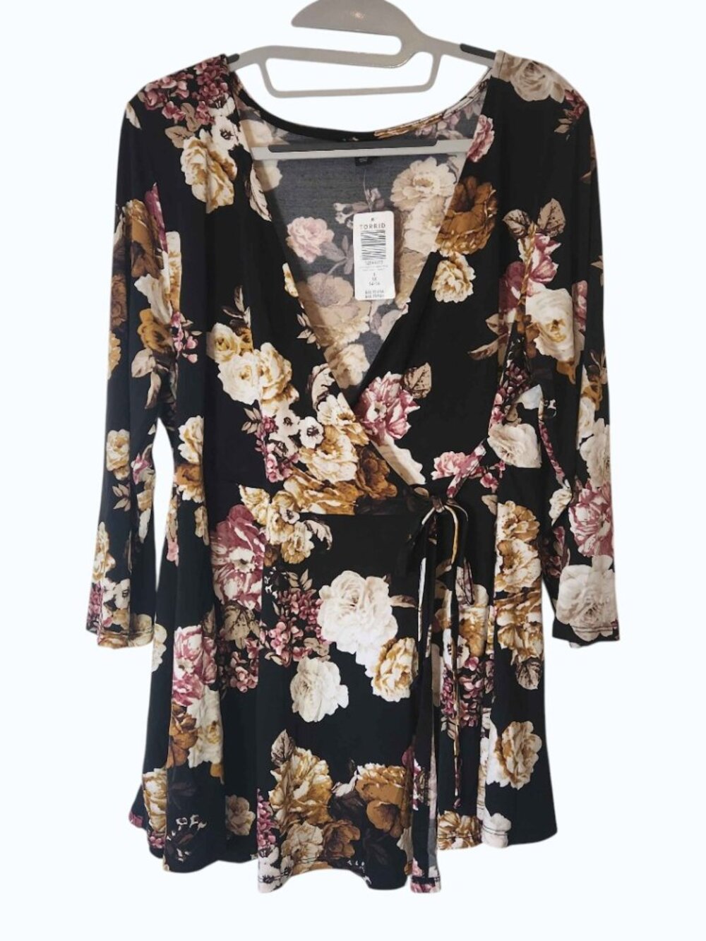 Torrid Floral Wrap Top Size 1 Black Long Sleeve Peplum Tie Waist Plus Size NWT